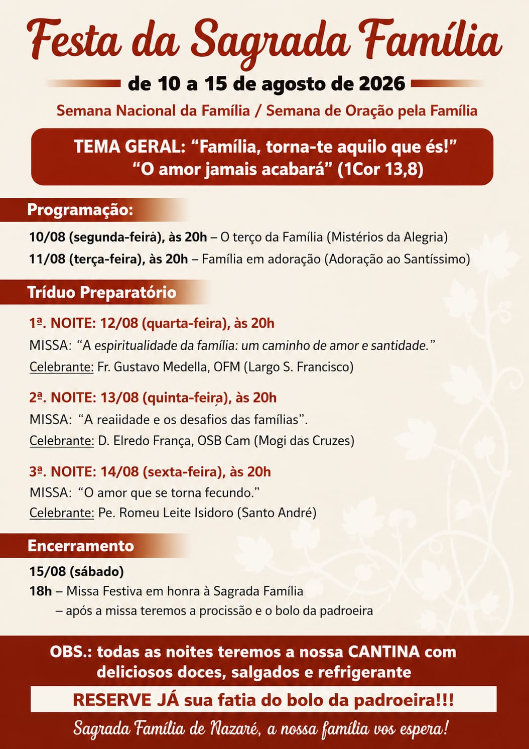 Informativo — Festa da Sagrada Família